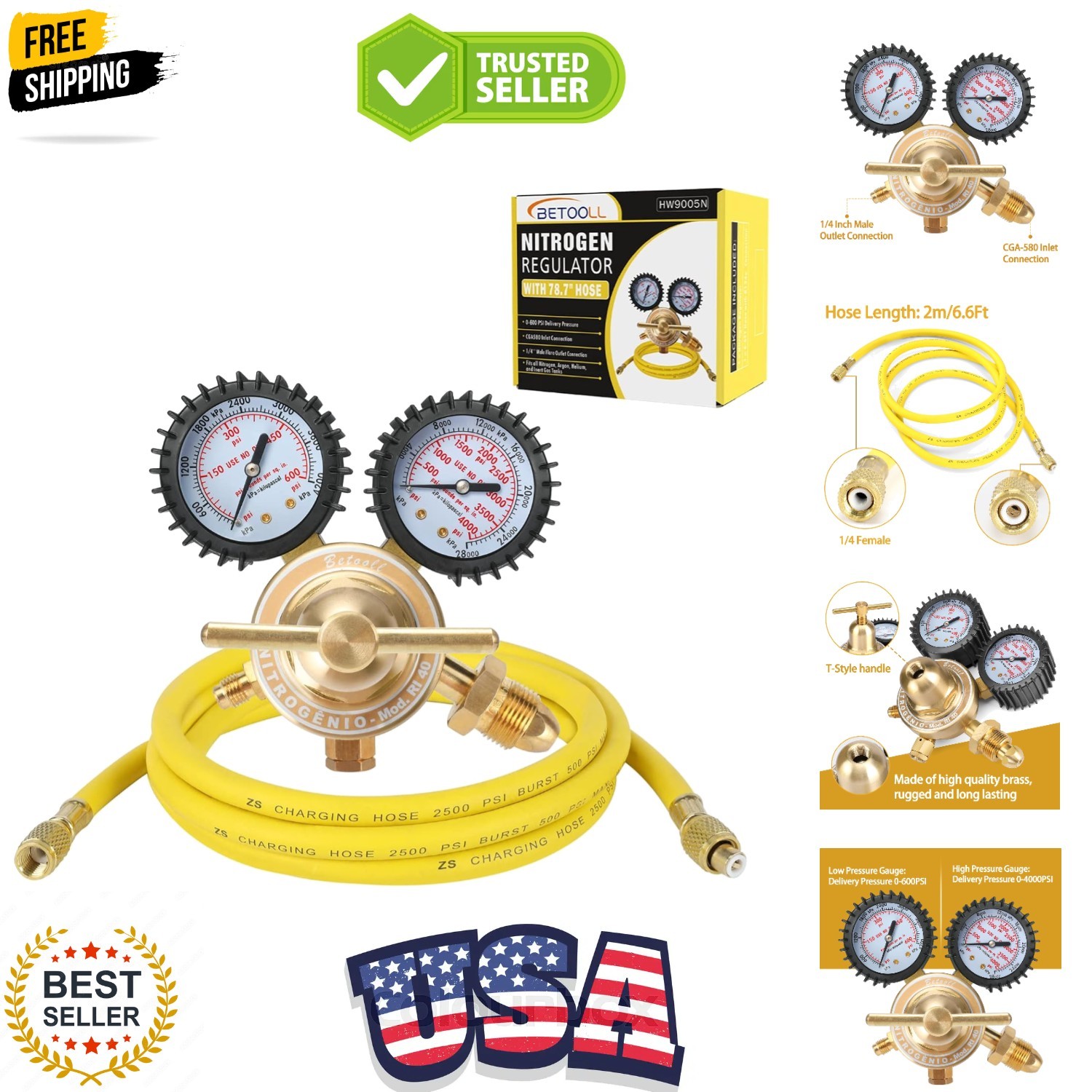 Nitrogen Regulator - Nitrogen Gauge with 78.7" Hose, 0-600 PSI Delivery Press...