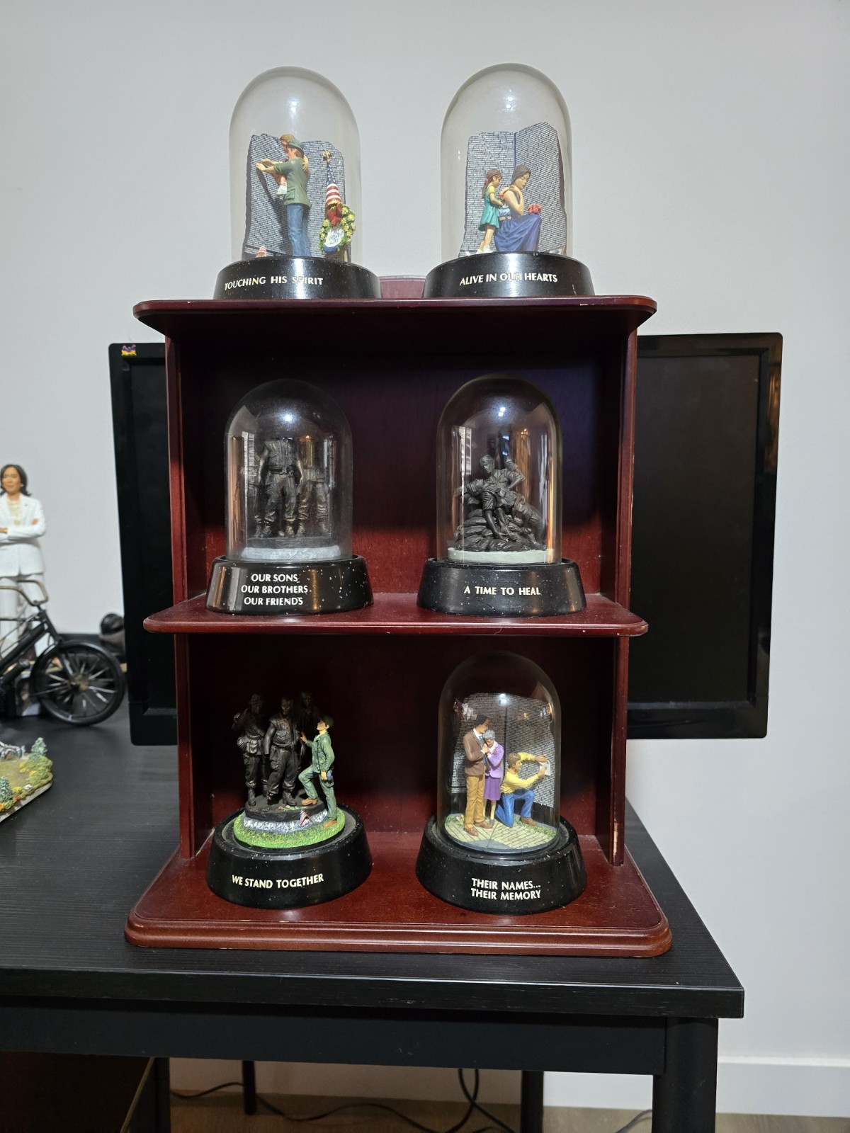Vietnam War Collectible Figurines Set with Glass Domes and Wooden Display