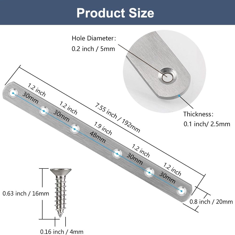 8 Pack Flat Straight Brace Brackets, 8 Inch Stainless 8 PCS-8 inch, Silver