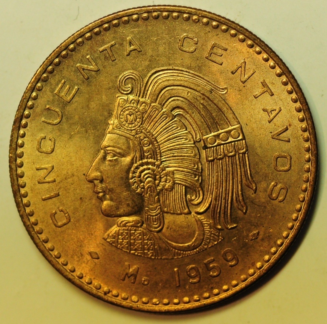 mw32028 Mexico Bronze 50 Centavos 1956 Mo  Cuauhtémoc  KM#450  Red UNC