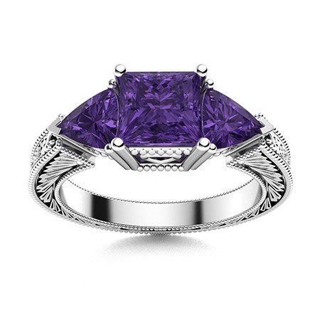6mm Princess Cut Amethyst Ring 925 Sterling Silver Vintage Three Stone Band