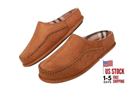 Men's Slip On Moccasin Slippers, Indoor/Outdoor Comfy House Shoes, 11 Camel