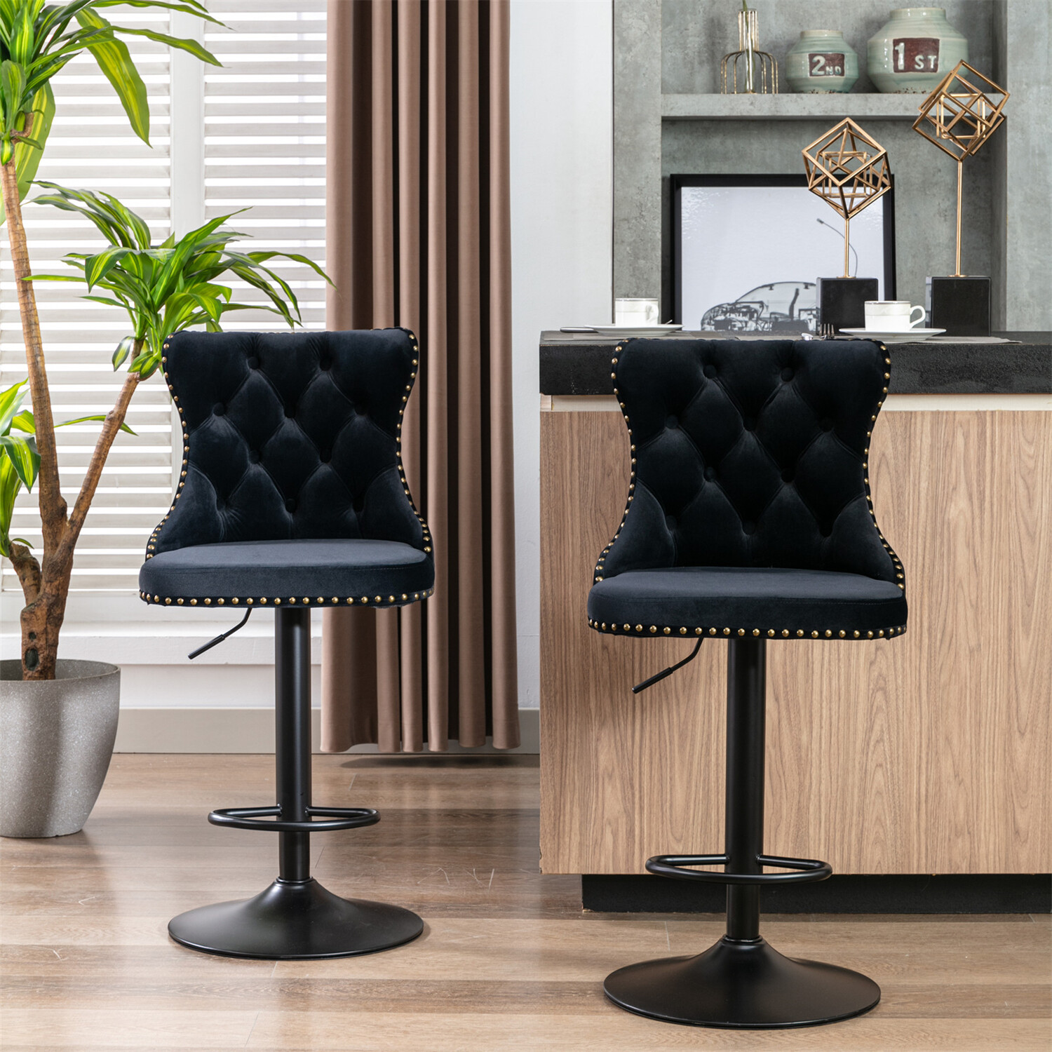 Set of 2 Black Swivel Bar Stools Counter Height Adjustable Kitchen Dining Chair