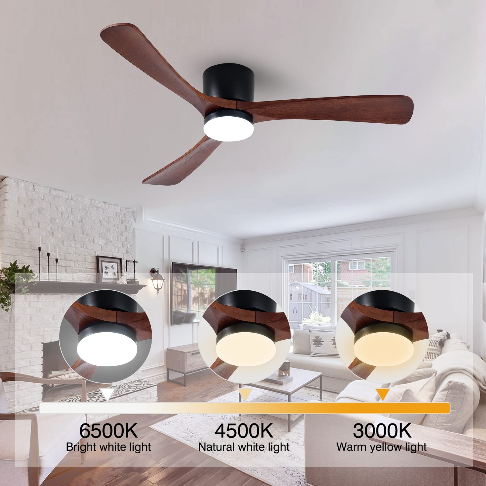52" Flush Mount Ceiling Fan with Lights Remote Control, 3 Blades Wood Ceiling...