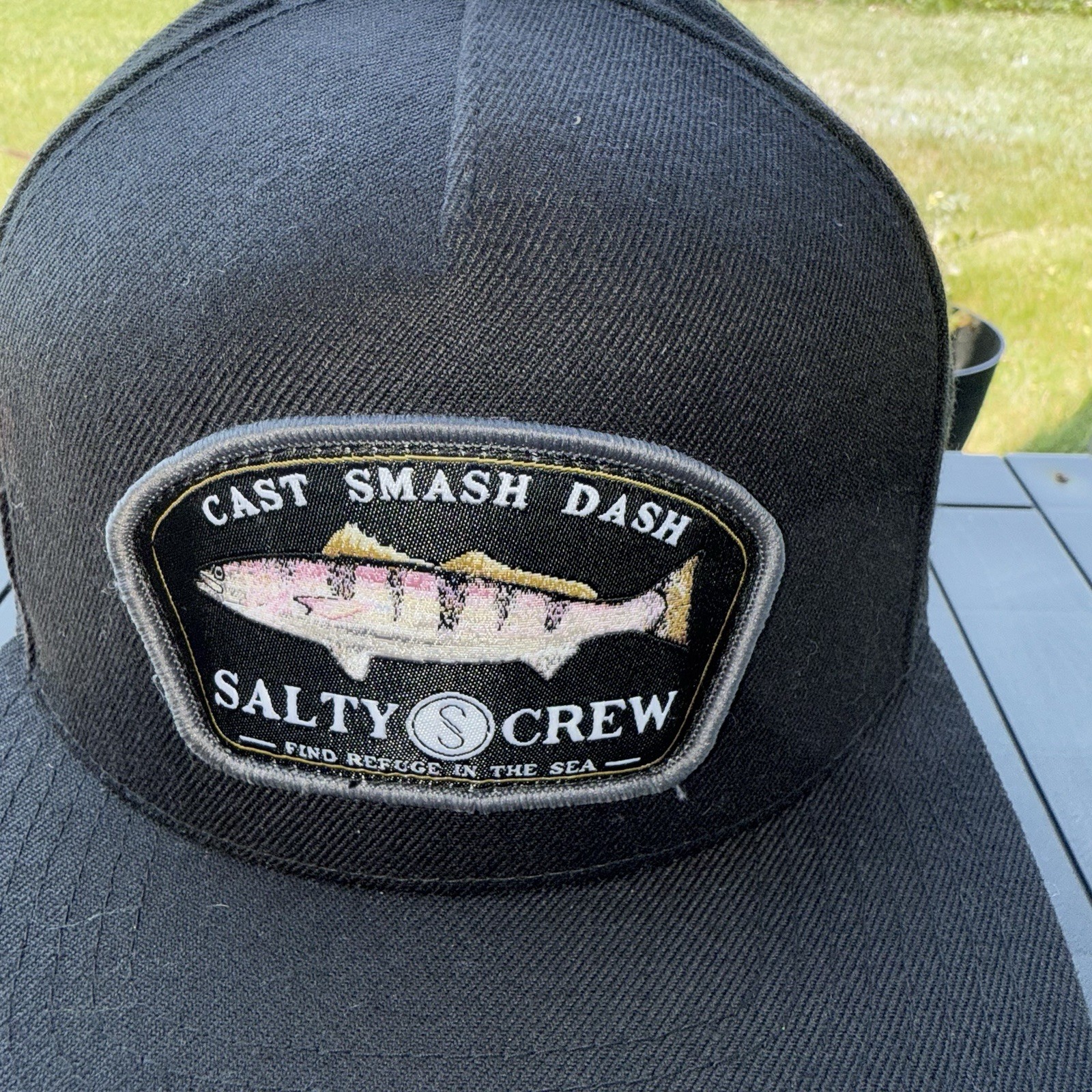 Cast Smash Dash Salty Crew Patch On Black Hat Cap Wool Acrylic SnapBack EUC