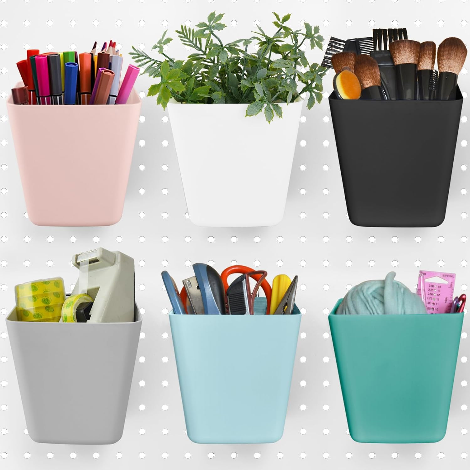 Large Pegboard Cups Peg Board Storage Bin 6 Pack with Hooks, Square Box Shape Pe