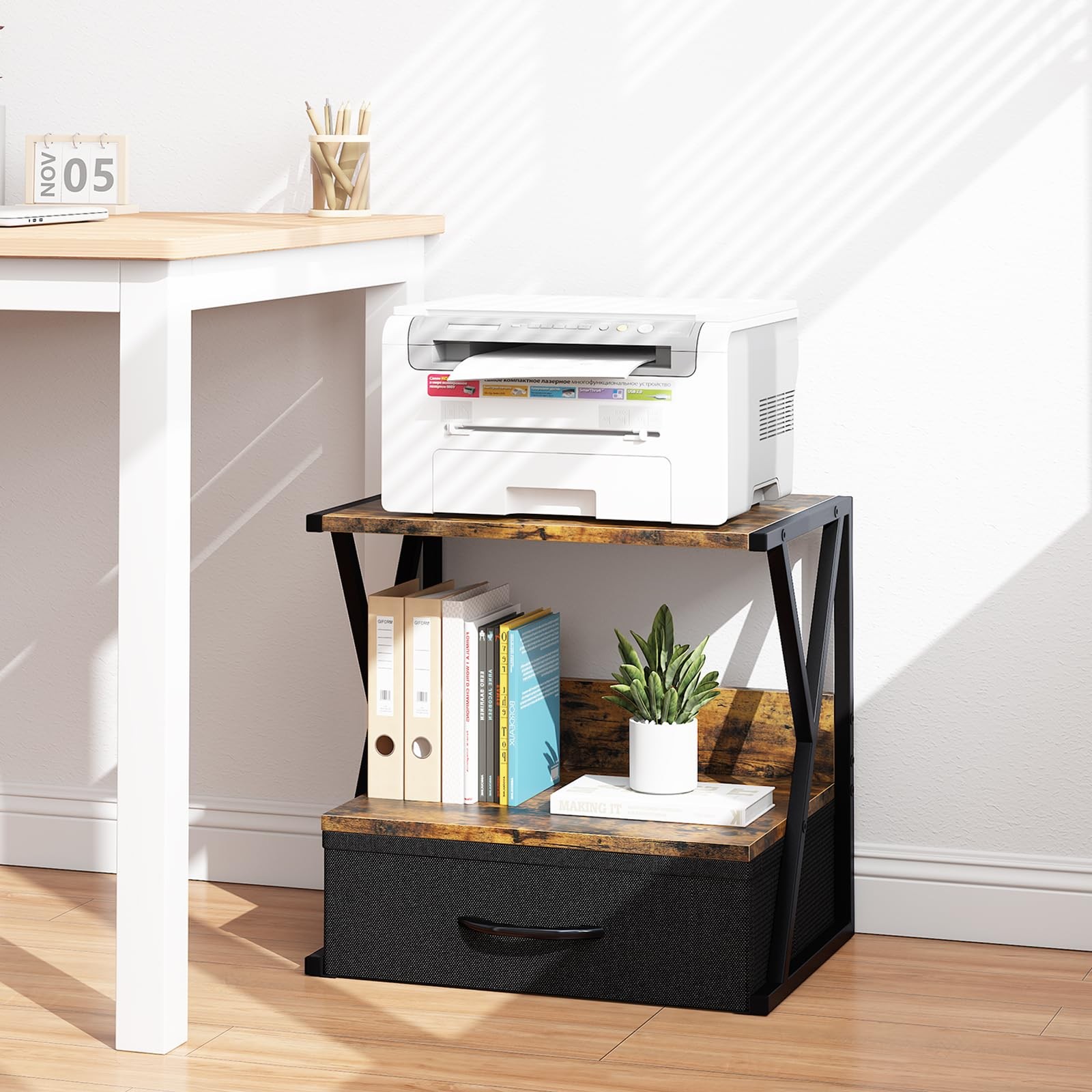 aboxoo Printer Stand for Desk with Storage Drawer, 2 Tier Brown