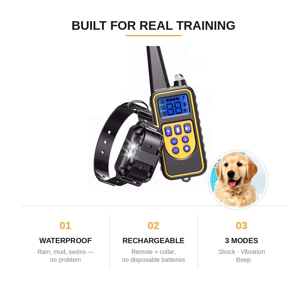 Electric Dog Shock Collar Rechargeable Waterproof Remote Trainer 2600FT Range