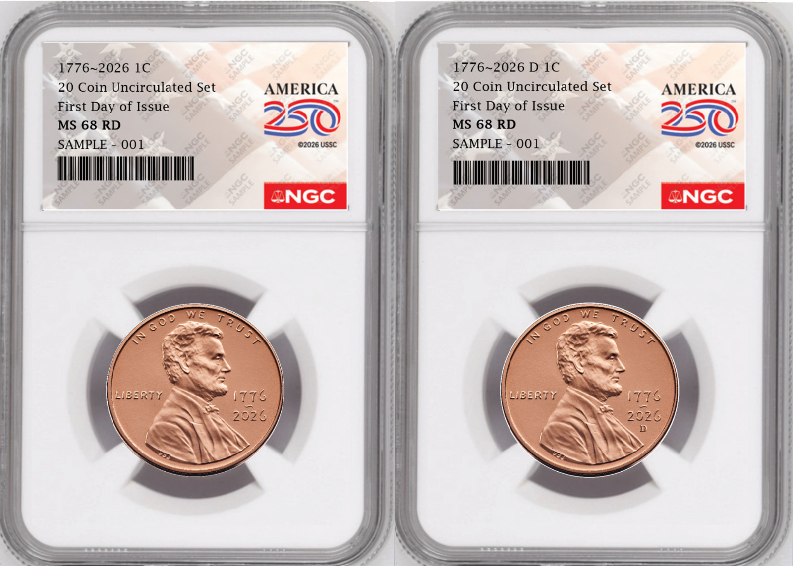 2 Coin set, 1776-2026 P & D  Lincoln Cent , NGC MS 68 RD FDOI, 250 Flag Presale