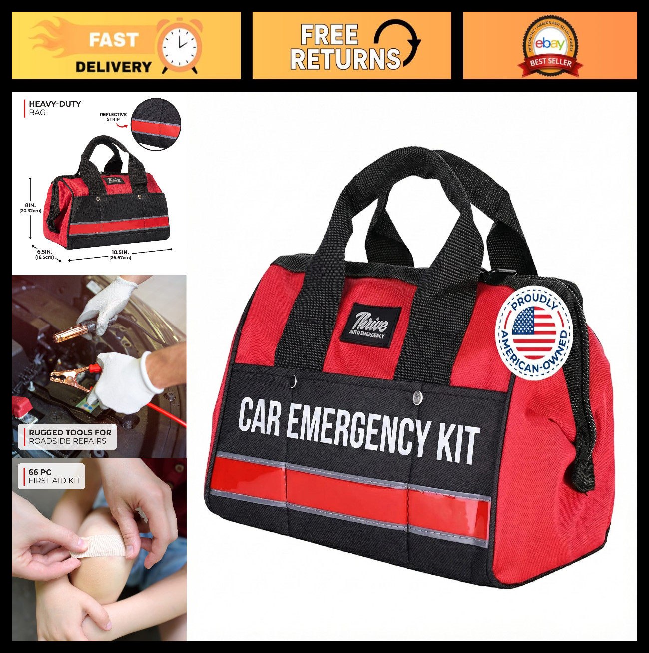 Emergency Car Kit - 104-Piece Roadside Assistance Set, Jumper Cables, Escape Ham