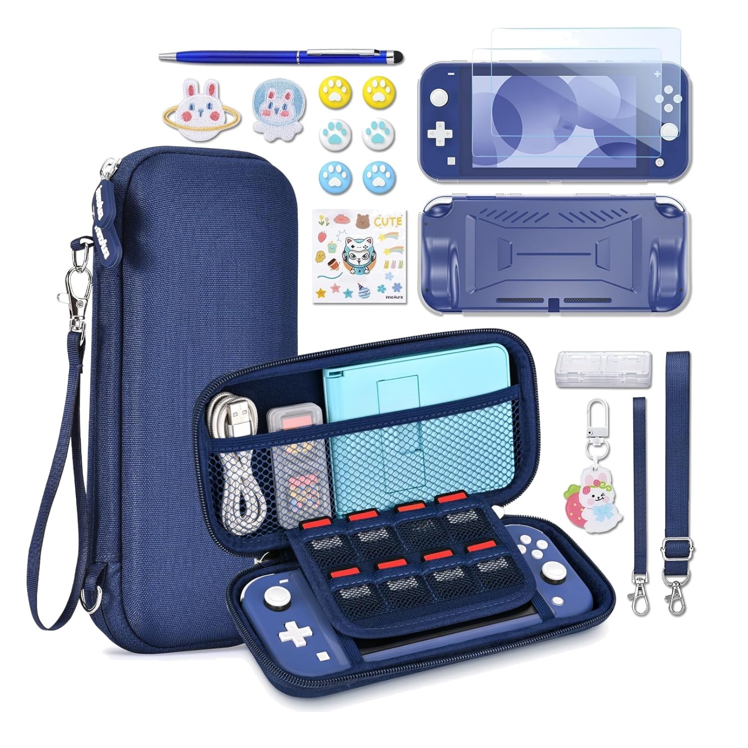 Elegant 18-in-1 Switch Lite Case Bundle: Ultimate Protection & Accessories, Blue