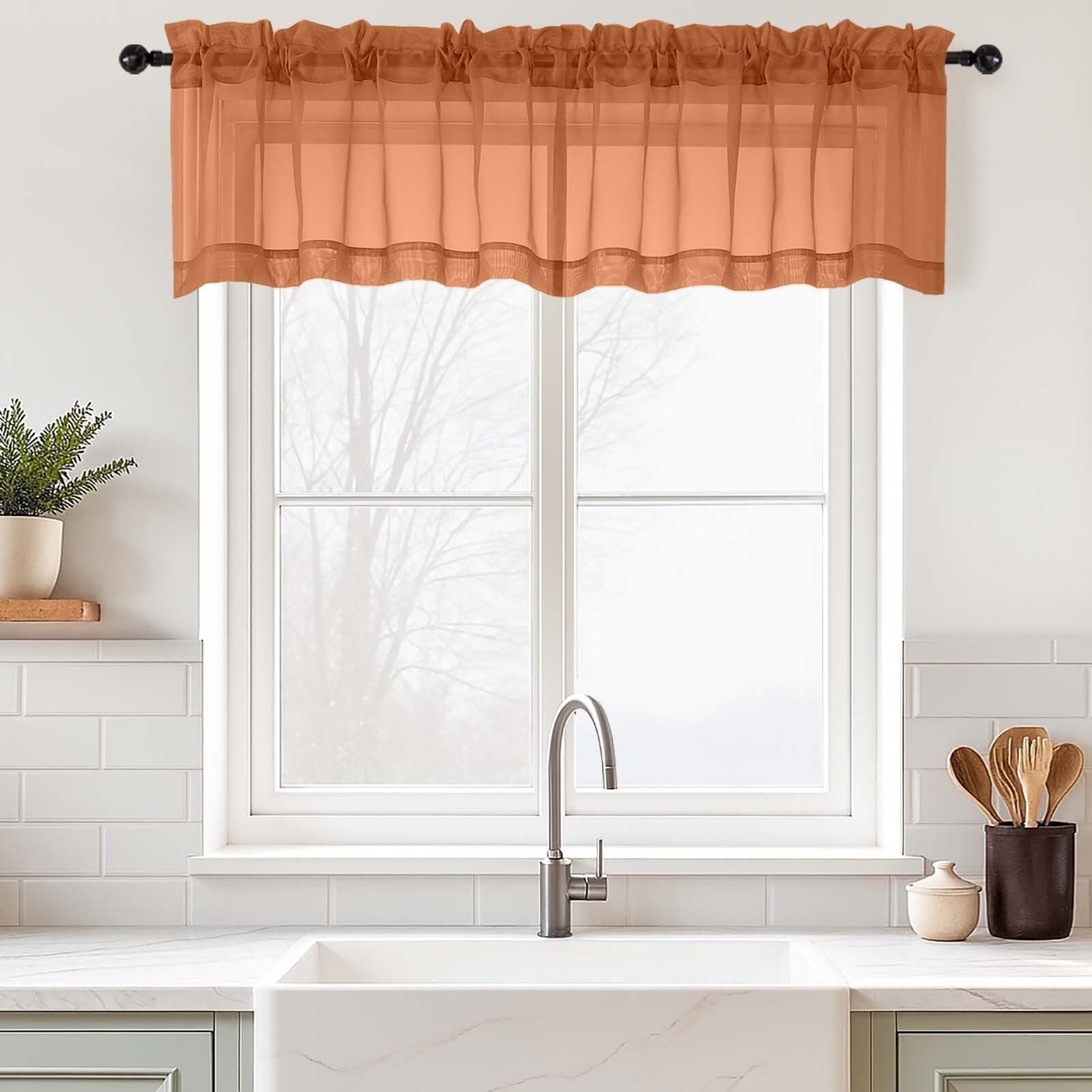 Orange Valances for Windows 14 inch Length 2 Panels Set, Small Voile Sheer Cu...