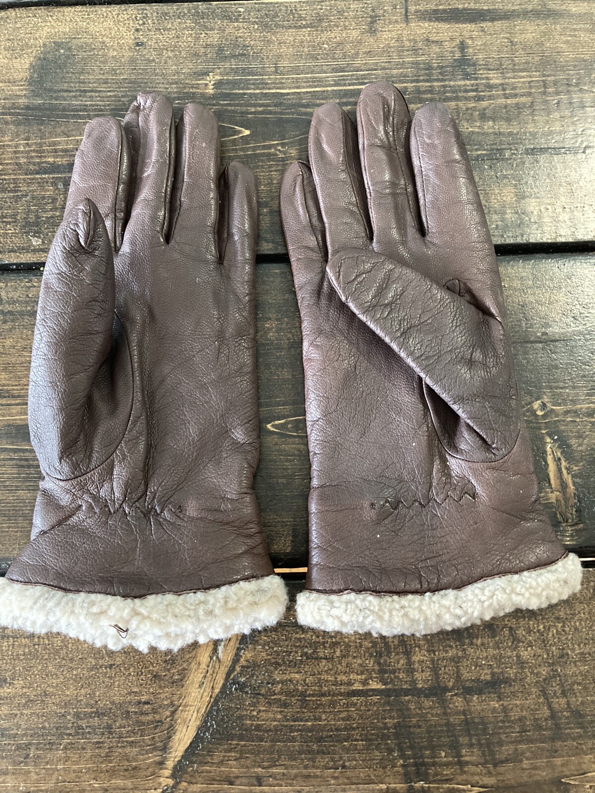 Vtg Womens Fownes Leather Gloves Brown Sherpa Cuff Driving Medium Weight Sz 7.5