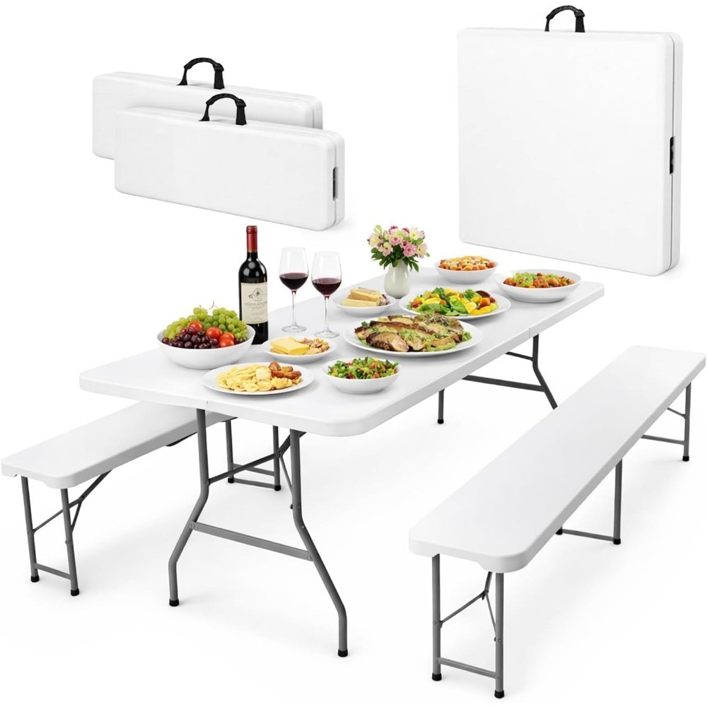 6 Ft White Plastic Folding Table Set with 2 Benches – Heavy-Duty Picnic Table