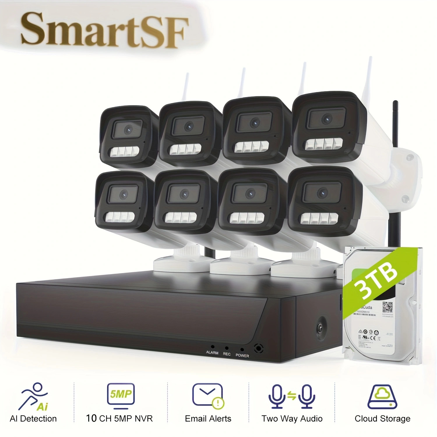 Wireless 10CH NVR 3MP WIFI Security Camera System 2 Way Audio AI Detection
