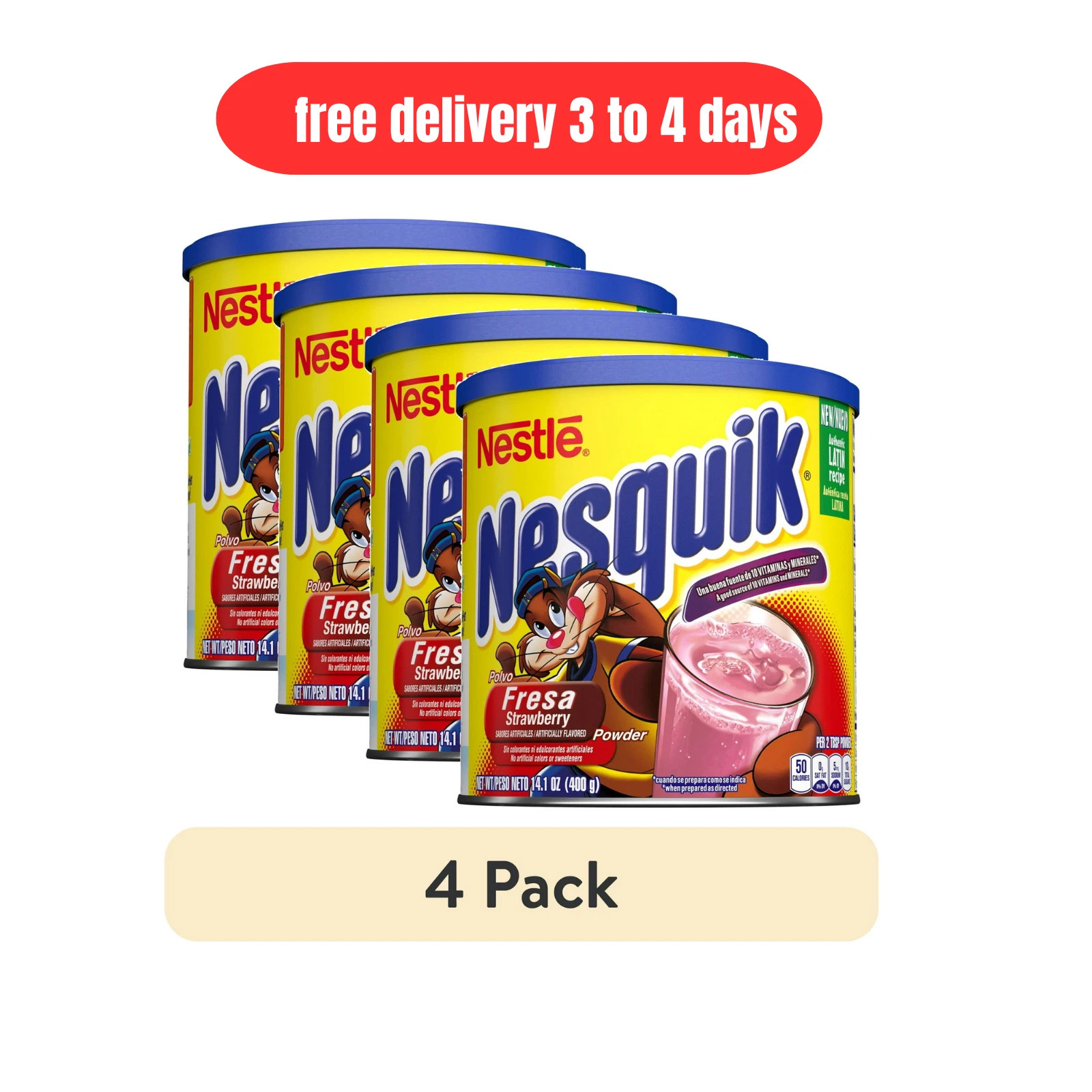 (4 Pack) Nestle Nesquik Strawberry Flavor Drink Mix Powder - 14.1 oz Canisters
