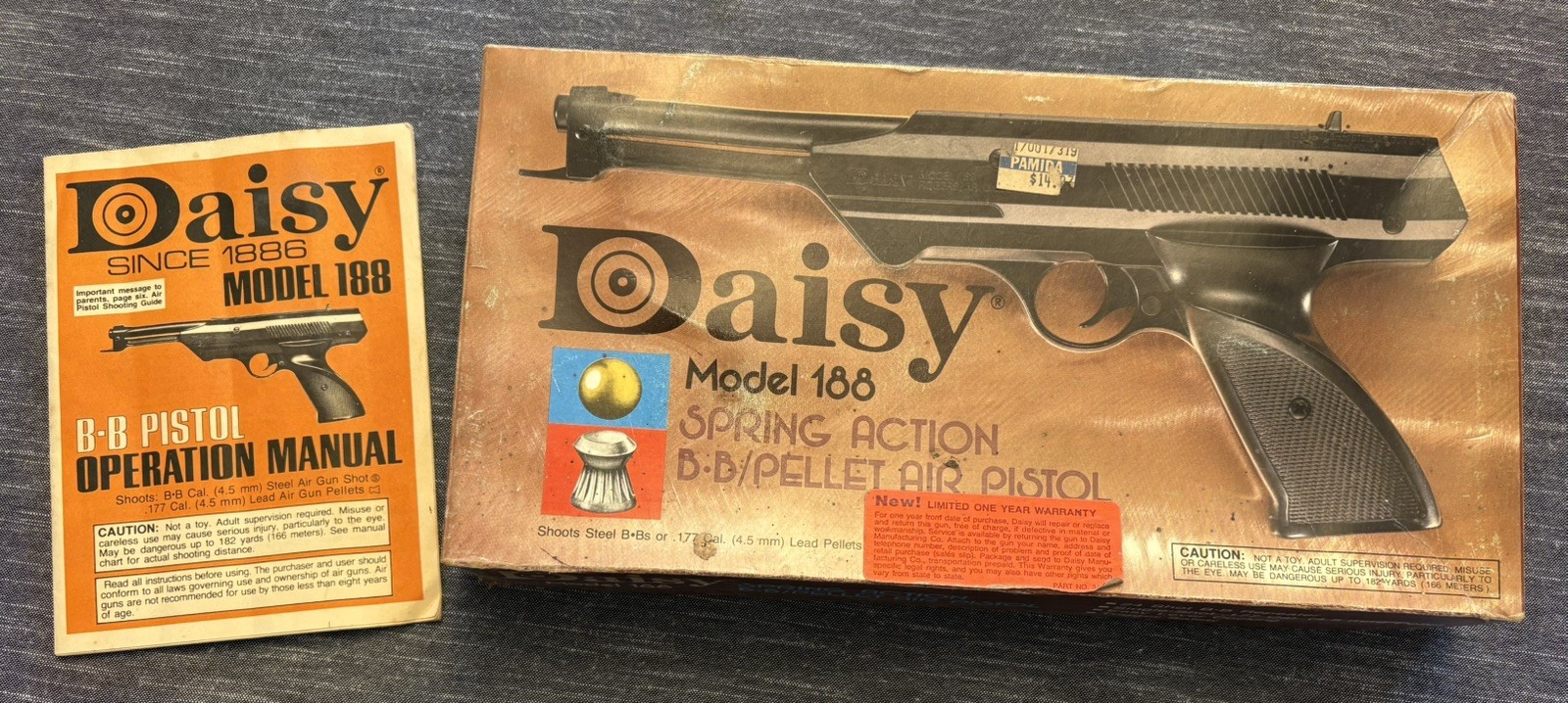 Vintage Daisy BB Air Pistol Model 188 Steel Air Gun Lever Cocking W/ Box/Manual