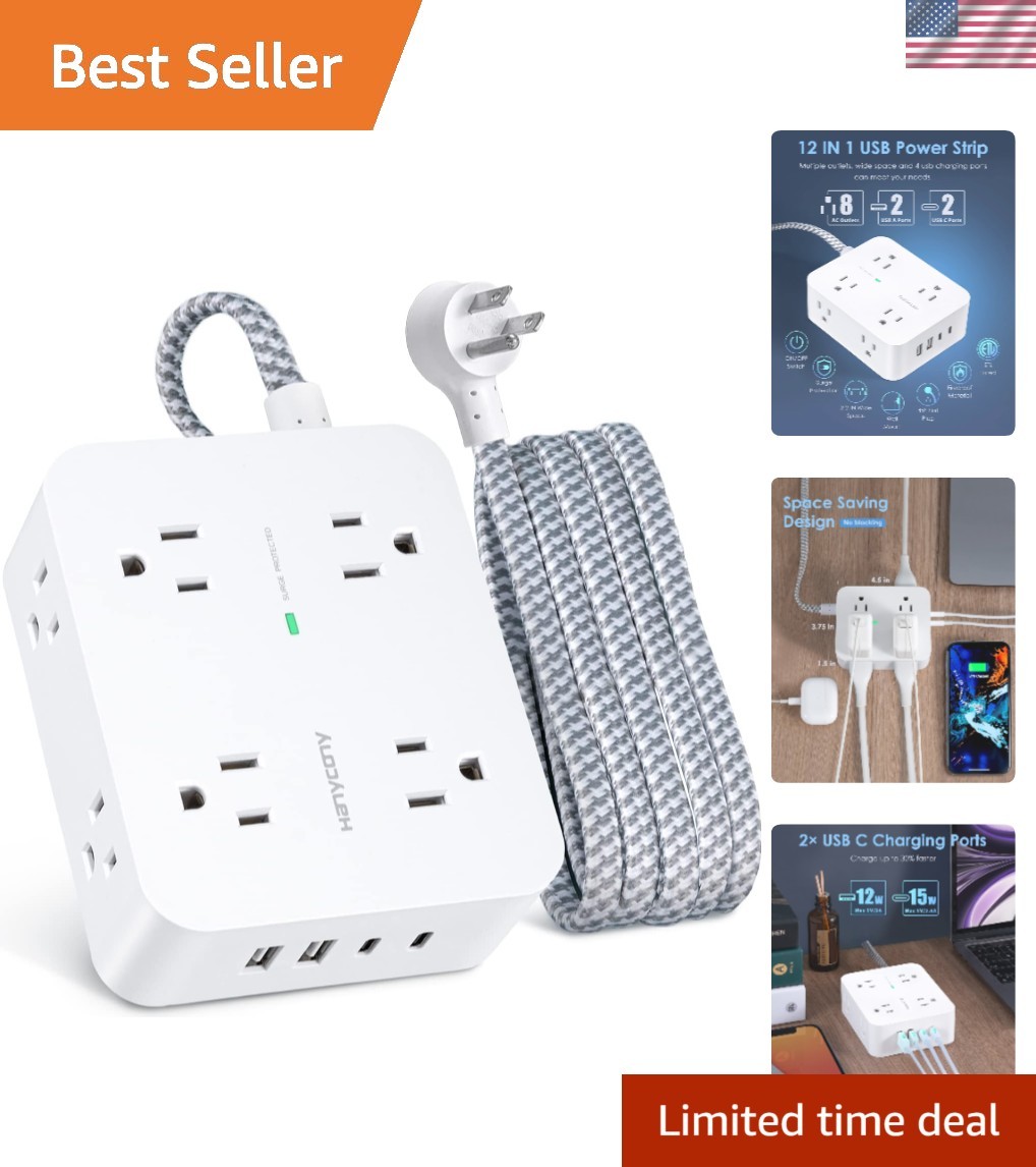 6Ft Surge Protector Power Strip with 8 Outlets & 4 USB Ports for Safe Charging
