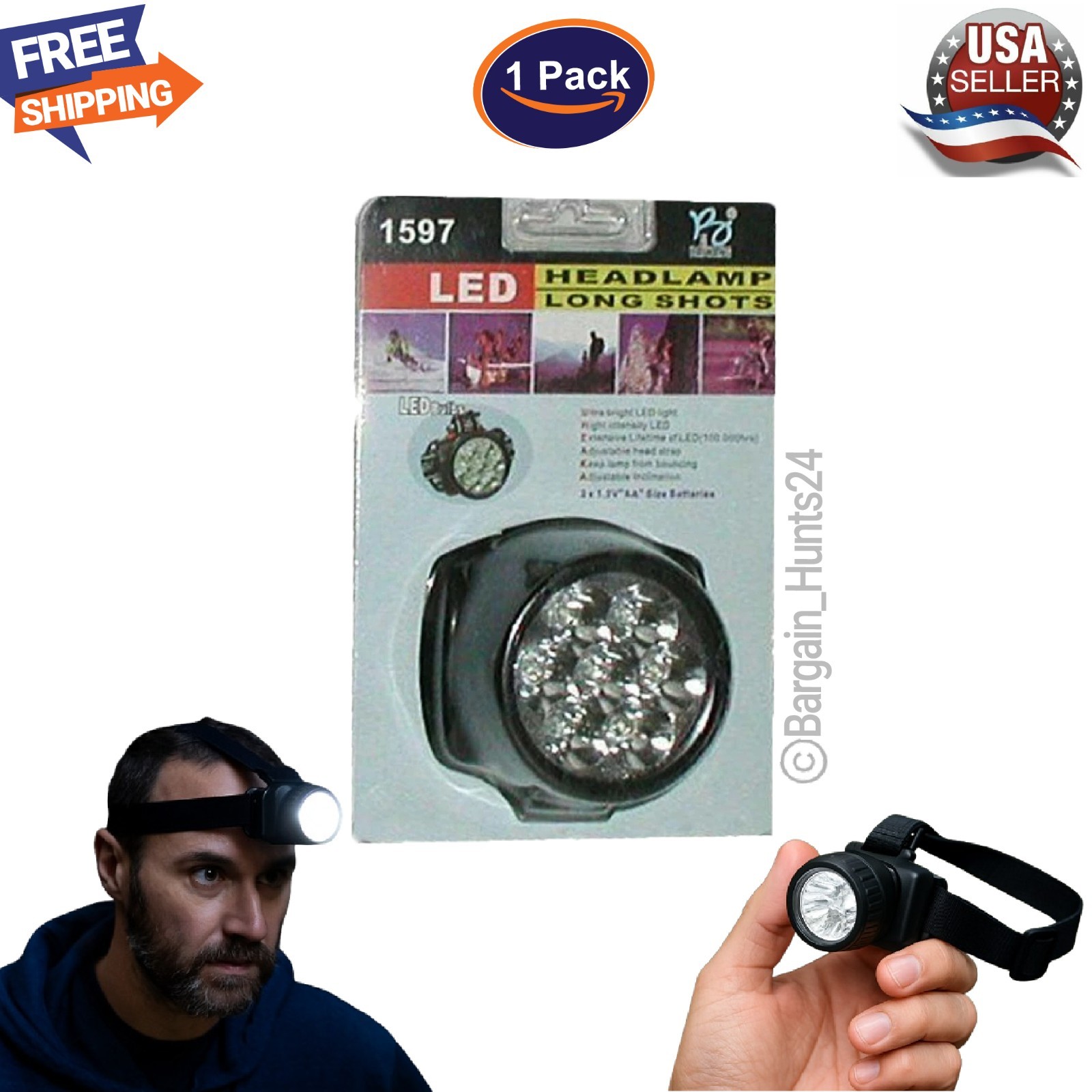 LED Headlamp 7 High Intensity Bulbs Headlight with Strap Long Shorts Headband