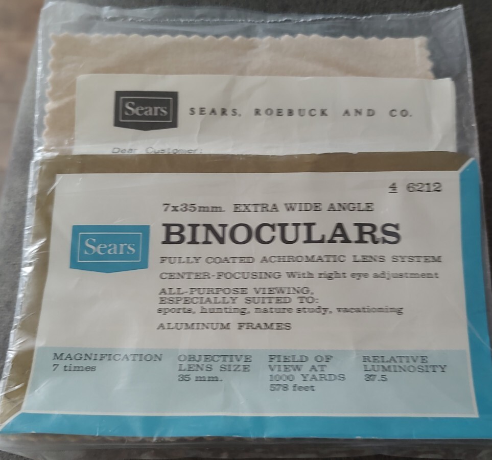 Vintage Sears Binoculars 6212 Extra Wide Angle Lens Original Cleaning Cloth NIP