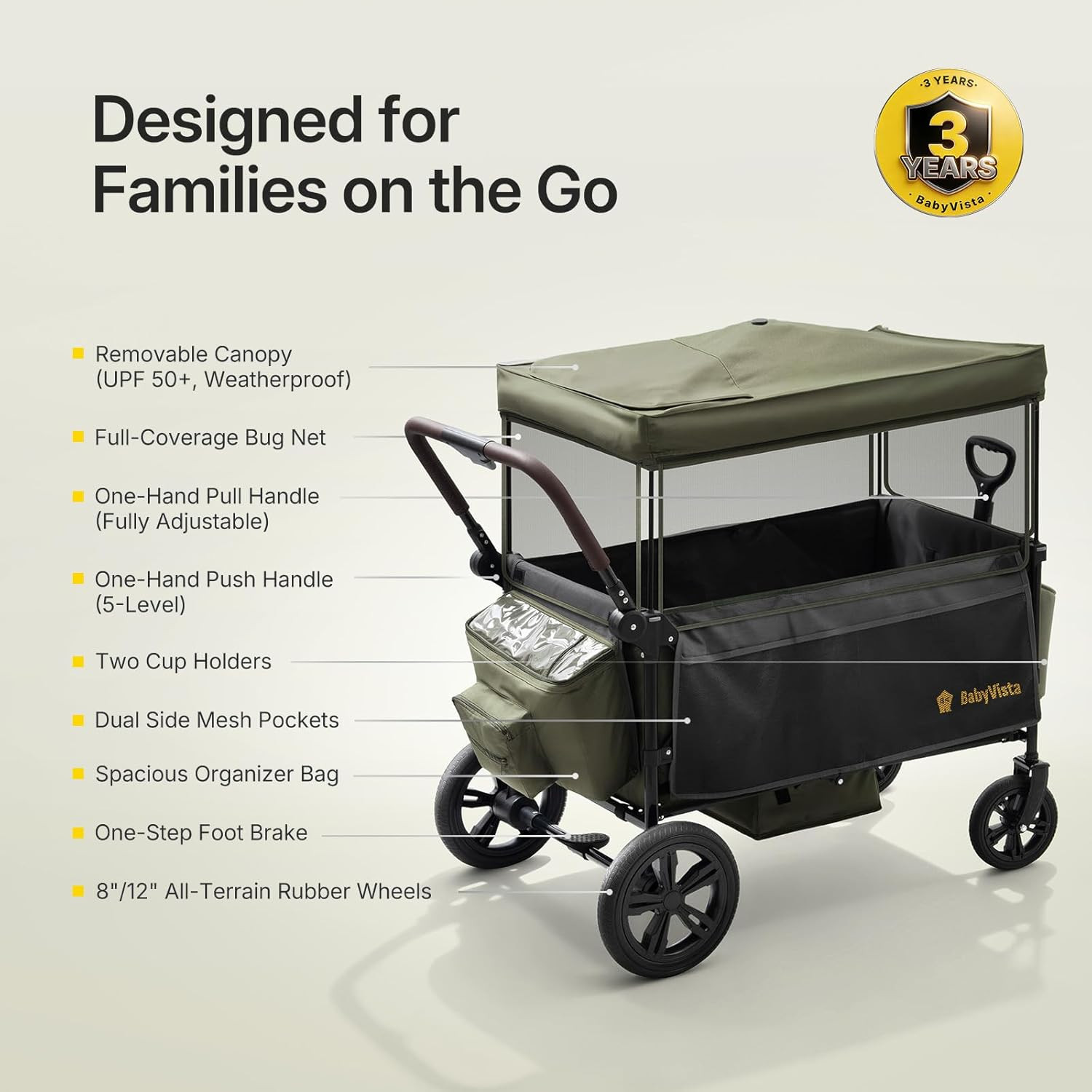 Stroller Wagon for Kids, One-Hand Adjustable Push/Pull Handle, Spacious Storage,