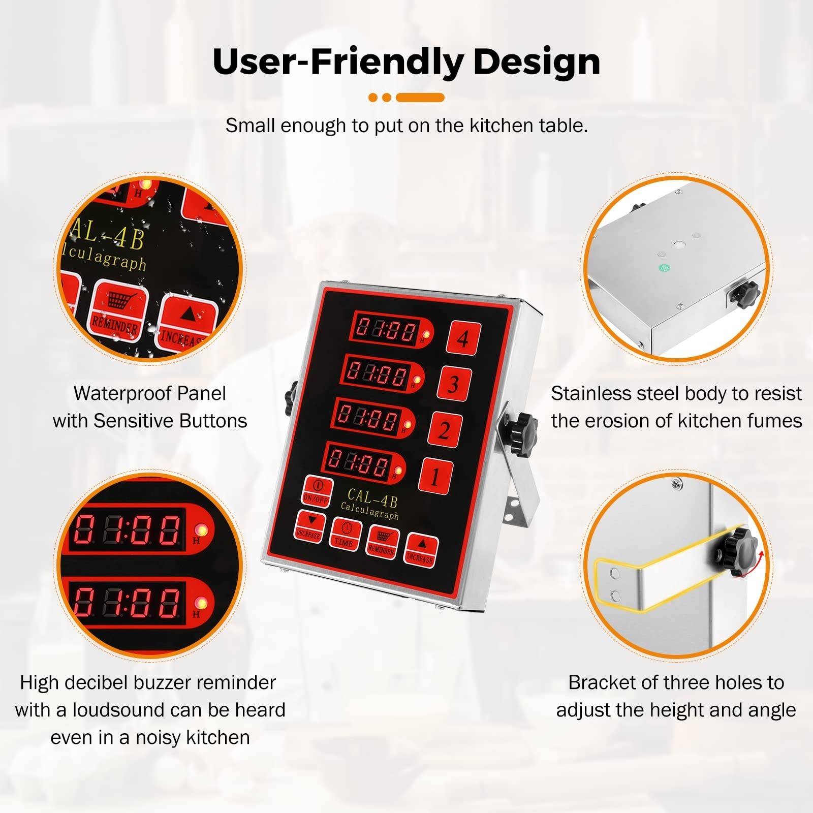 4-Channel Digital Kitchen Timer | Adjustable Loud Alarm, Waterproof, Countdown R