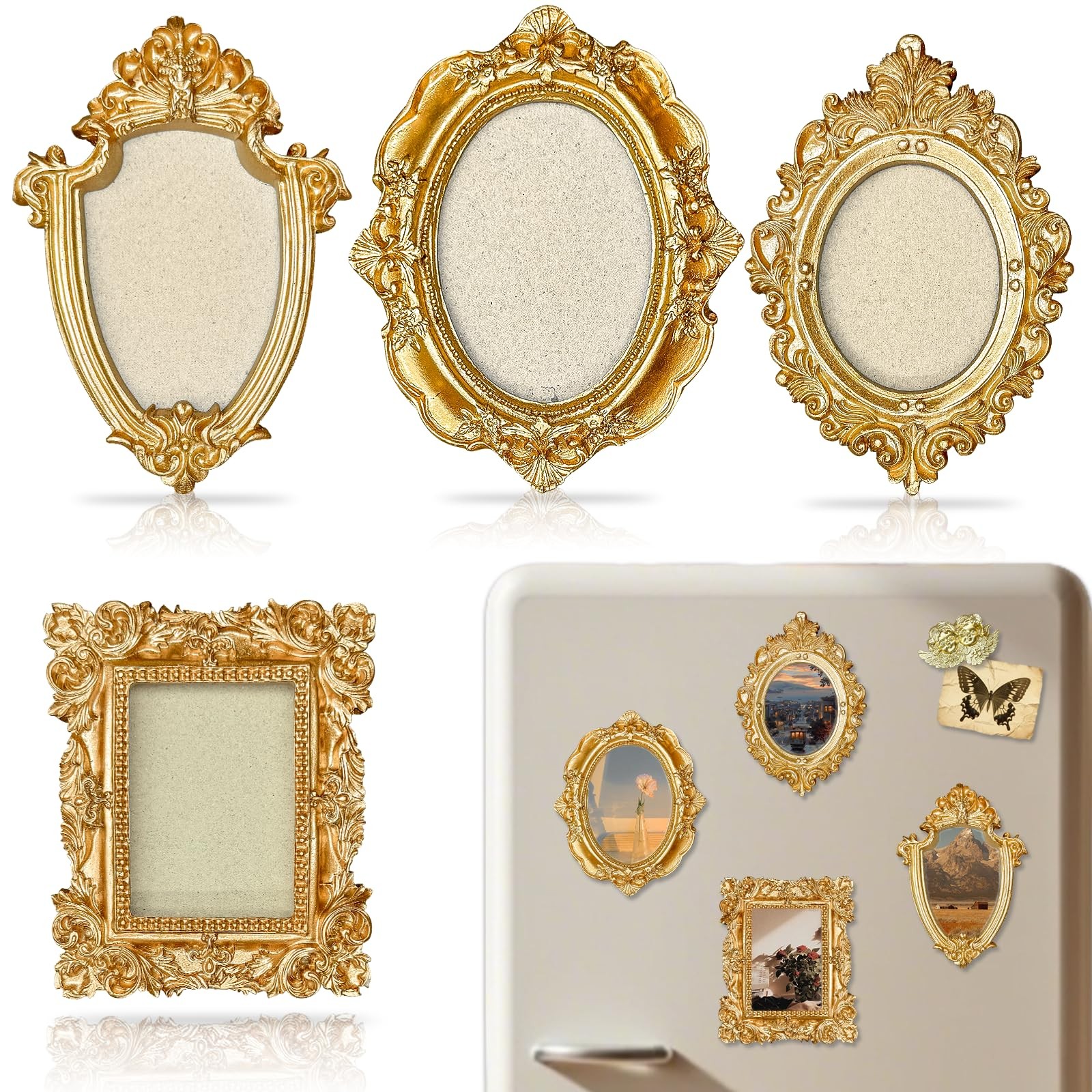 4 Pcs Magnetic Picture Frames for Refrigerator, Vintage Mini Gold Frames with...