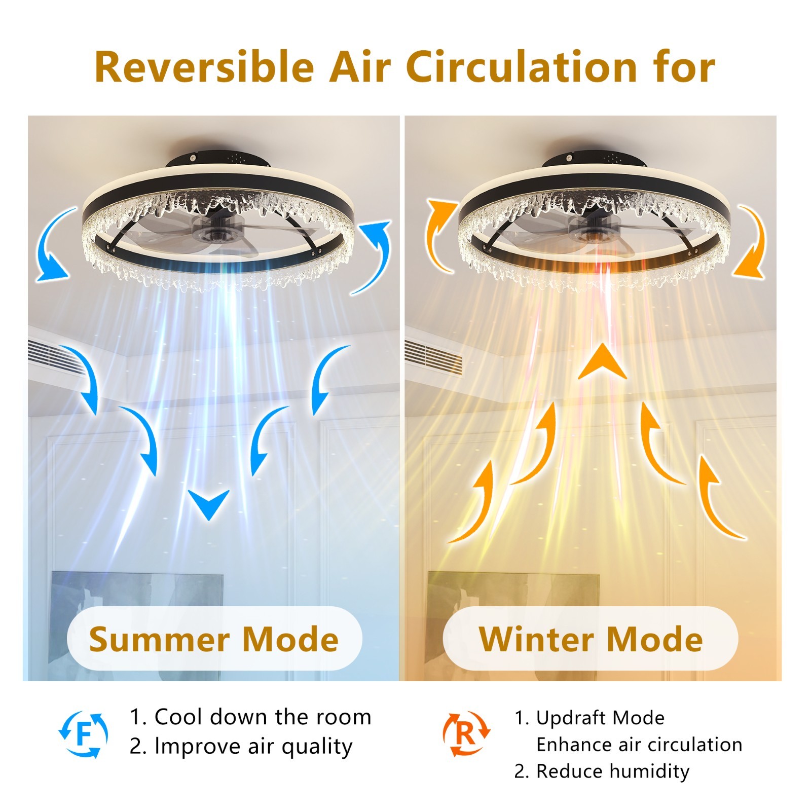 20" Smart Black Ceiling Fan Light – Silent, Reversible for Bedroom
