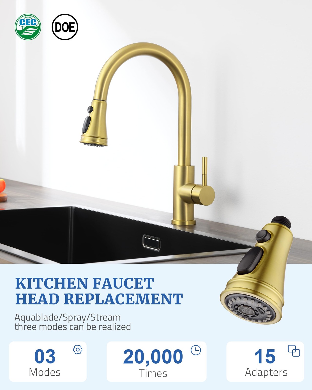 Kitchen Faucet Spray Head Replacement - Pull Down Sprayer Brushed Gold