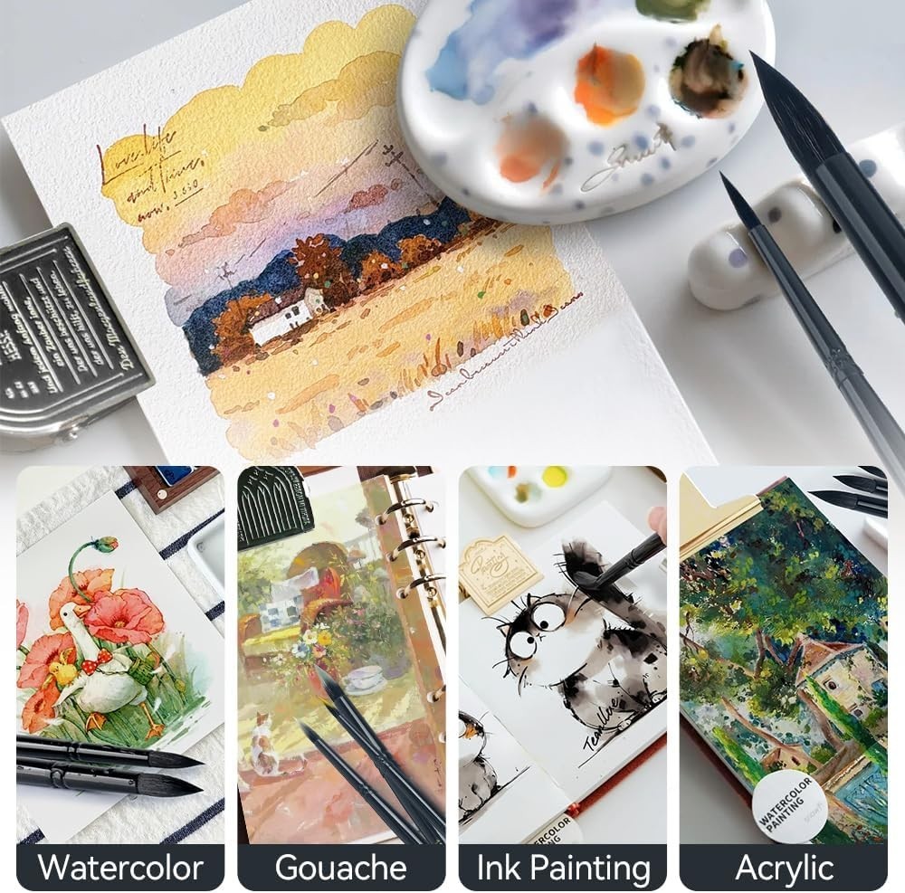 Luxury 8-Piece Round Brushes Set - Goat Hair for Watercolor and Acrylic Mastery