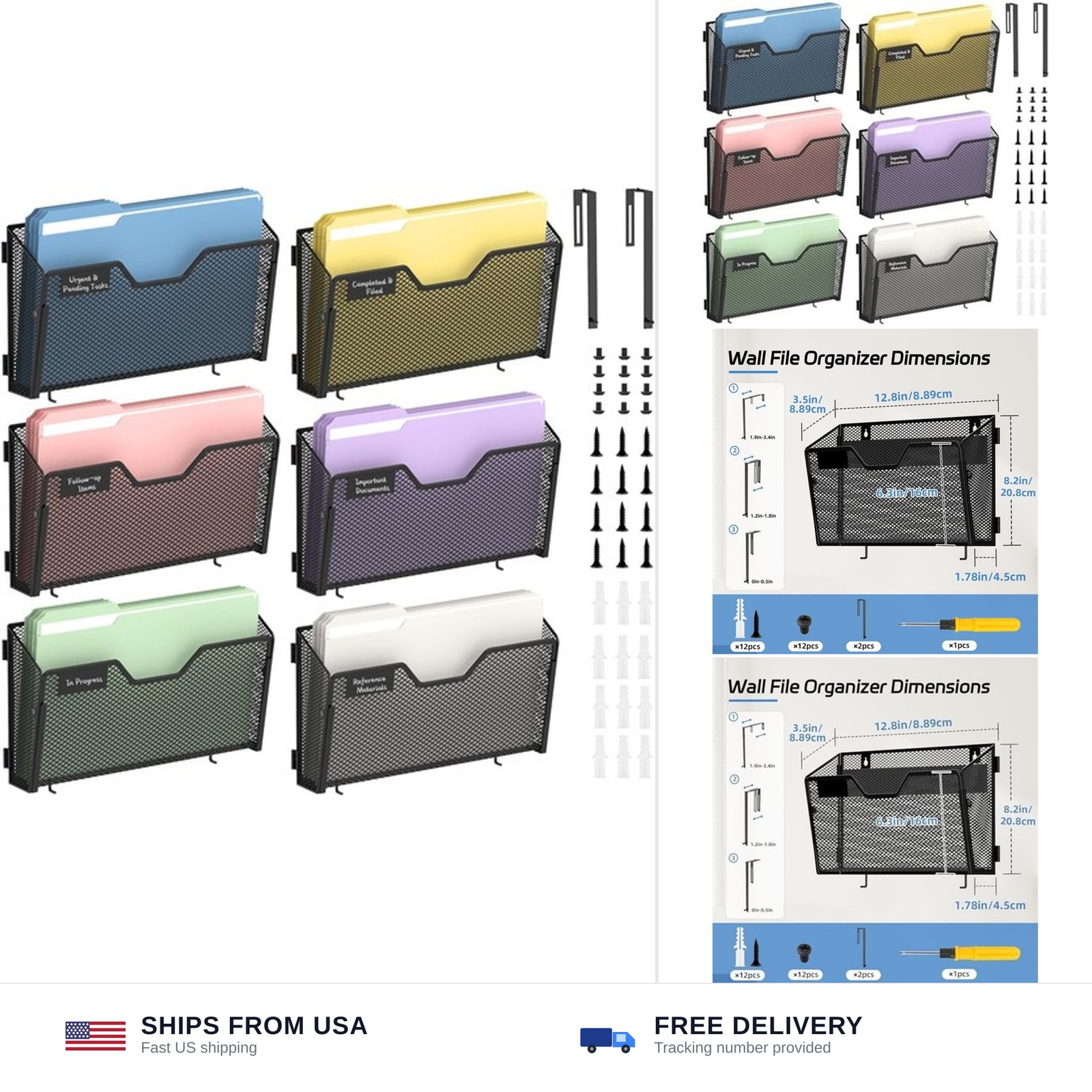 Wall File Organizer, 6 Pack Metal Wall File Holders, Black | Wall organizer w...