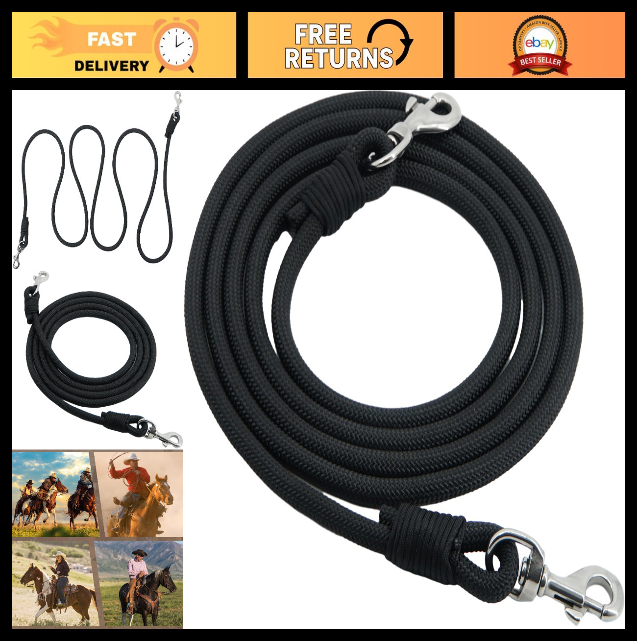 Supple Nylon Barrel Rein for Ranch Work & Daily Riding, 1/2" x 10', Stainless St