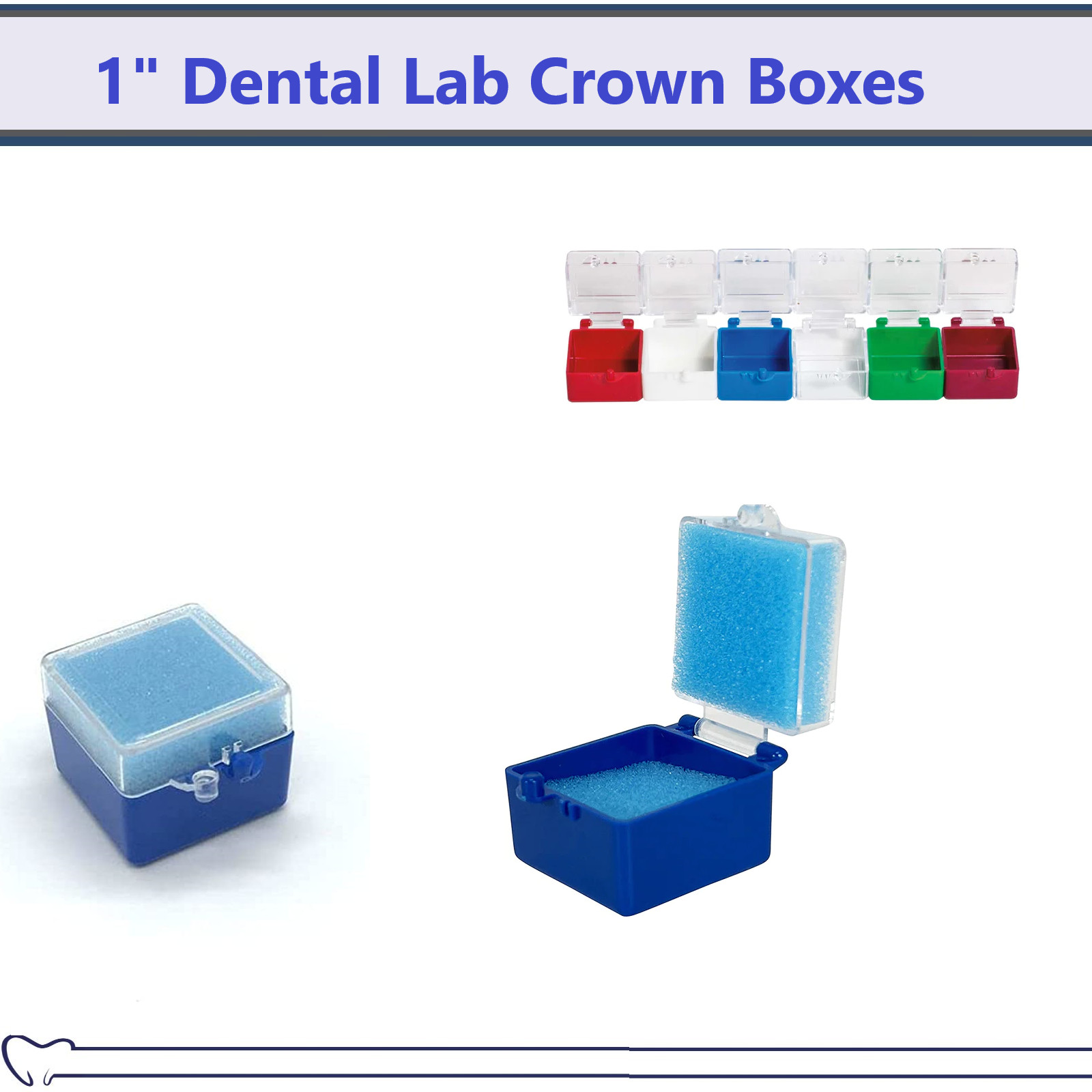 Dental Lab Rigid Crown Box 1" Rigid Box Pre Packed w/Foam, Blue Color, Clear Lid