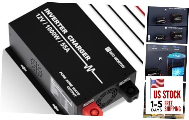 Pure Sine Wave Inverter Charger, Power Inverter with 55A LiFePO4 Battery 1000W