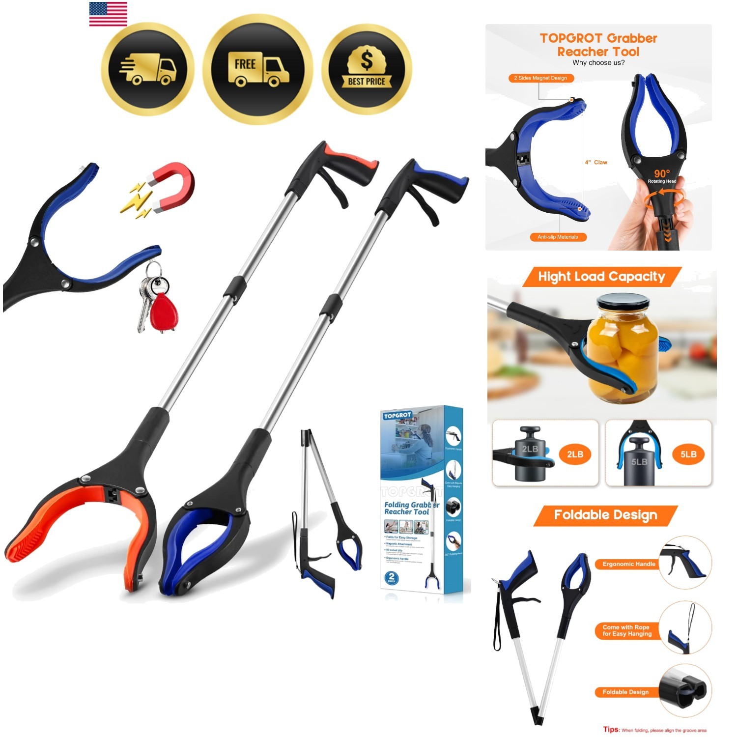 2-Pack Grabber Reacher Tool, 34" Foldable Reacher Grabber Pickup Tool with 90...