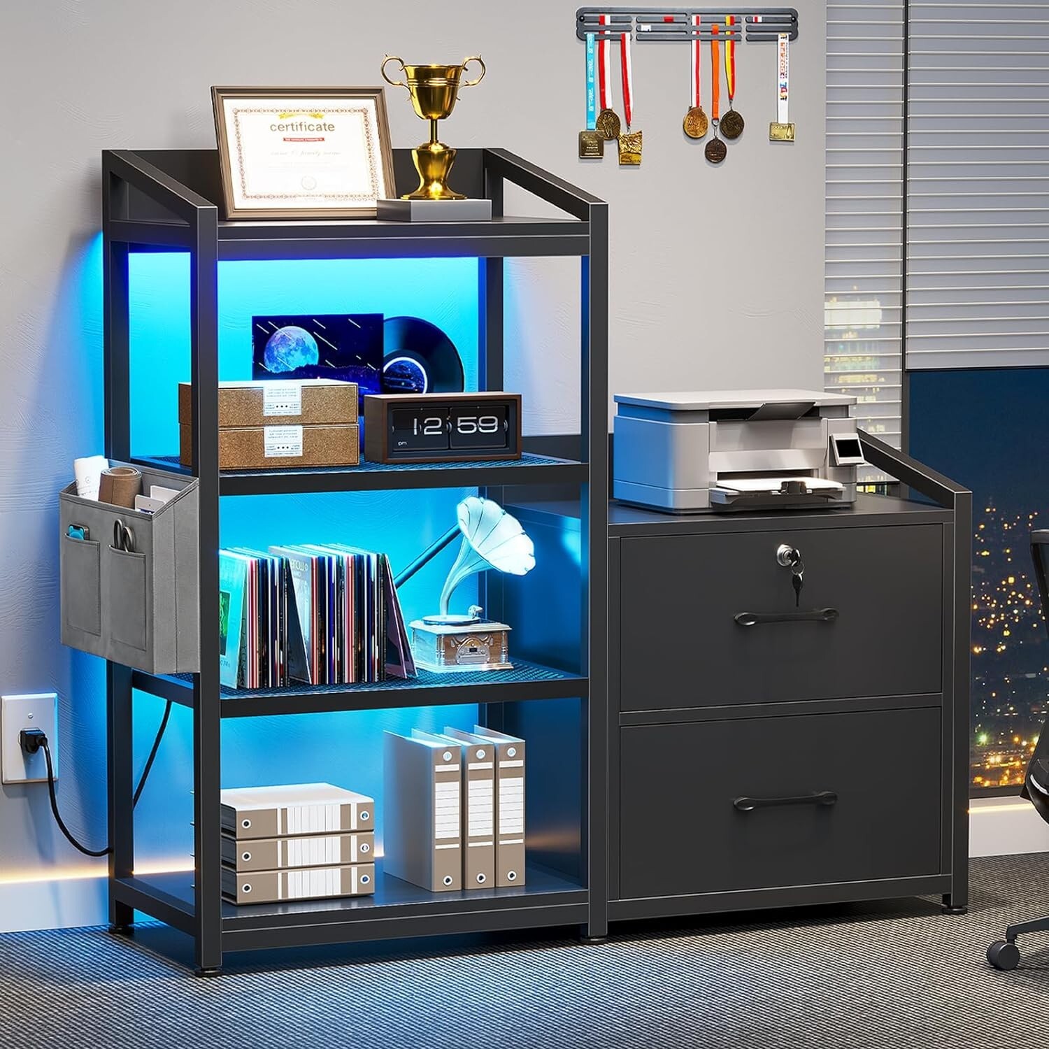 35.4" File Cabinet with LED Lights &2 Drawers Filing Cabinet fits Letter/A4 Size
