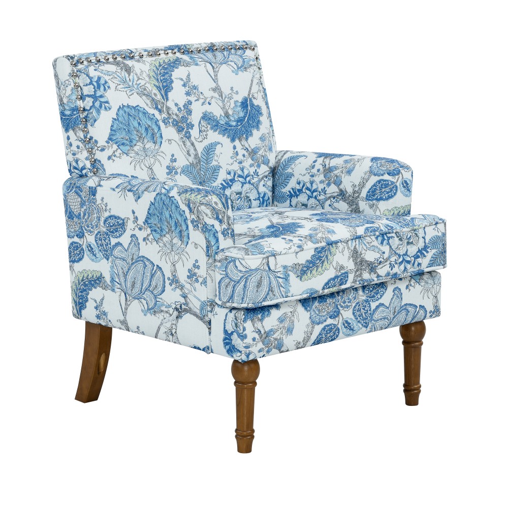 Accent Chair Floral Armchair, Nailhead Trim, Gold and Grey Decor Solid Wood Legs
