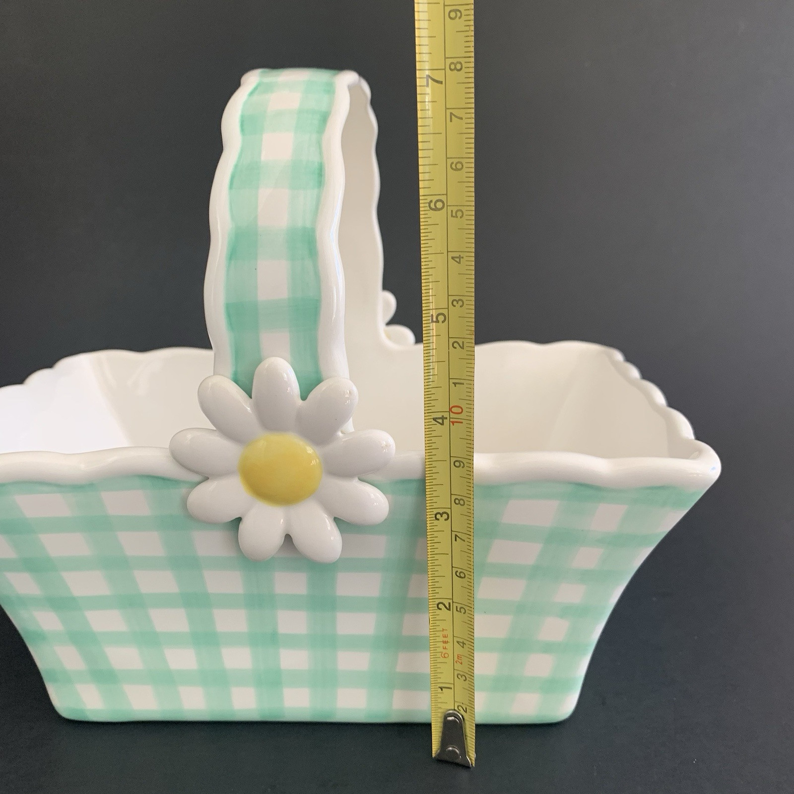 Gingham Green and White Daisy Flower Basket Ceramic