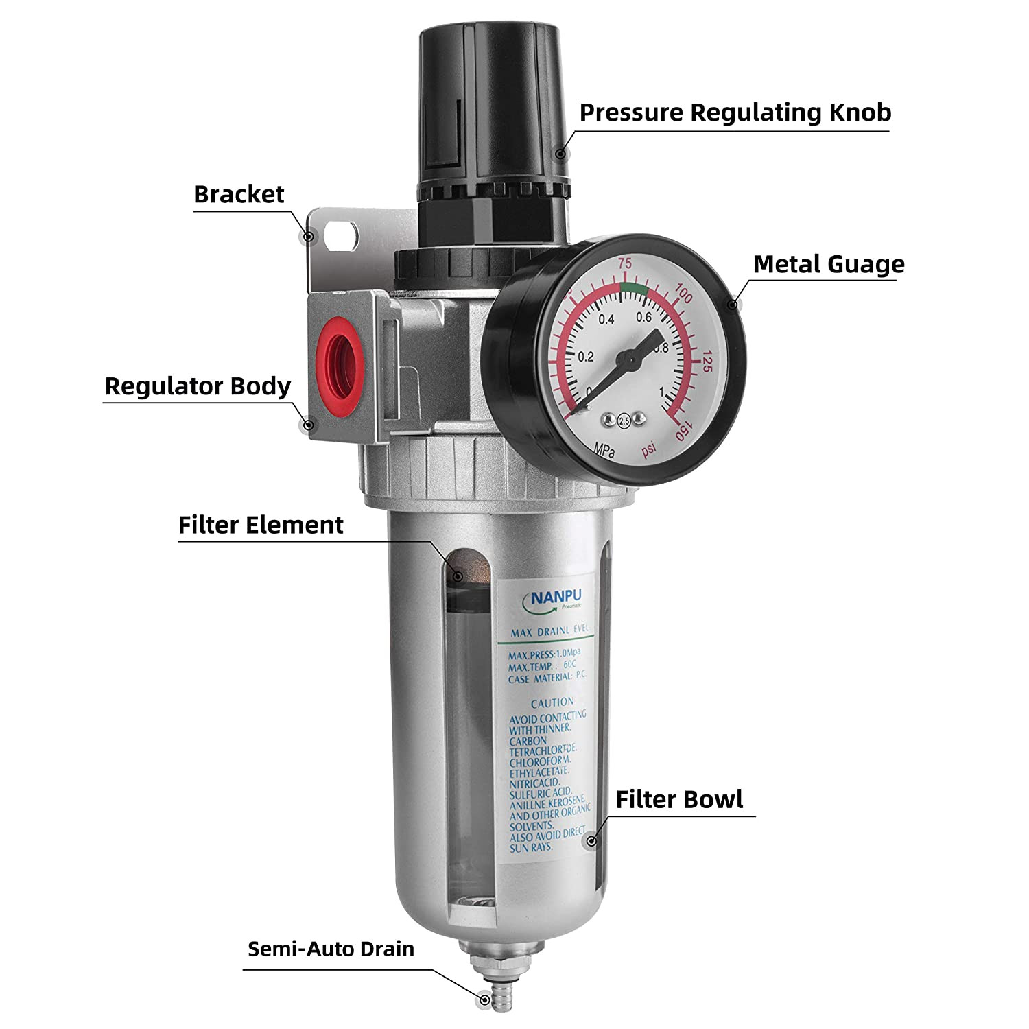 1/4" NPT Compressed Air Filter Regulator Combo, Air Filter Pressure Regulator Ga