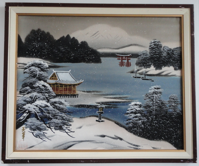 Silk Japanese Painting Artist Signed Mid Century Handsome Snow Landscape Lake
