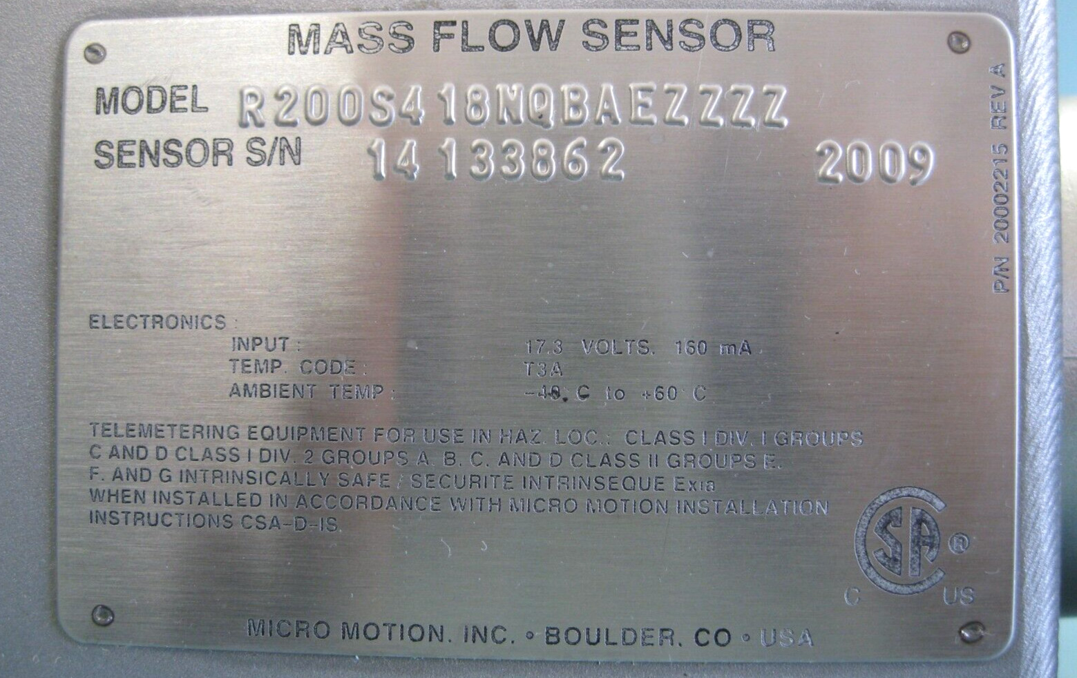 2" 150# Micro Motion R200 Mass Flow Sensor 700 Core Processor Calibrated R0