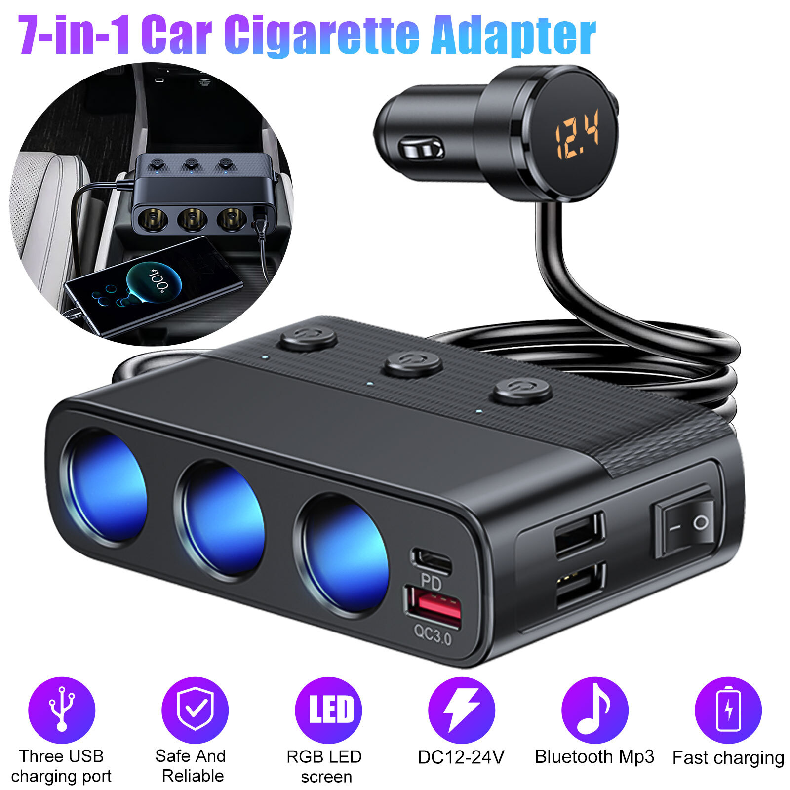 3 Way Car Cigarette Lighter Socket Splitter USB Fast Charger Power Adapter 12V