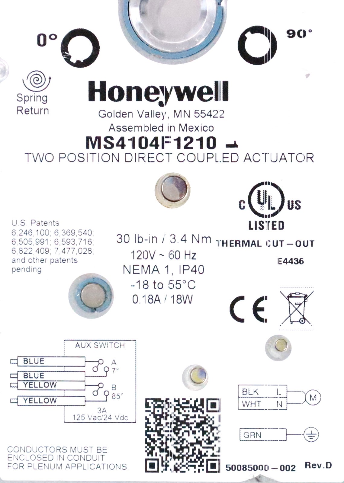 Honeywell MS4104F1210 Two Position Actuator