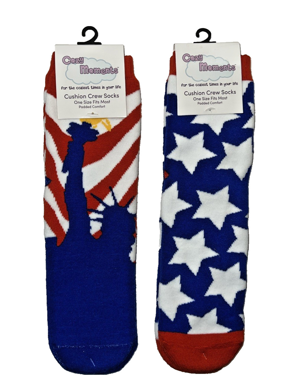 New! Cozy Moments 2 Pair Patriotic Unisex Cushion Crew Socks One Size Fits Most