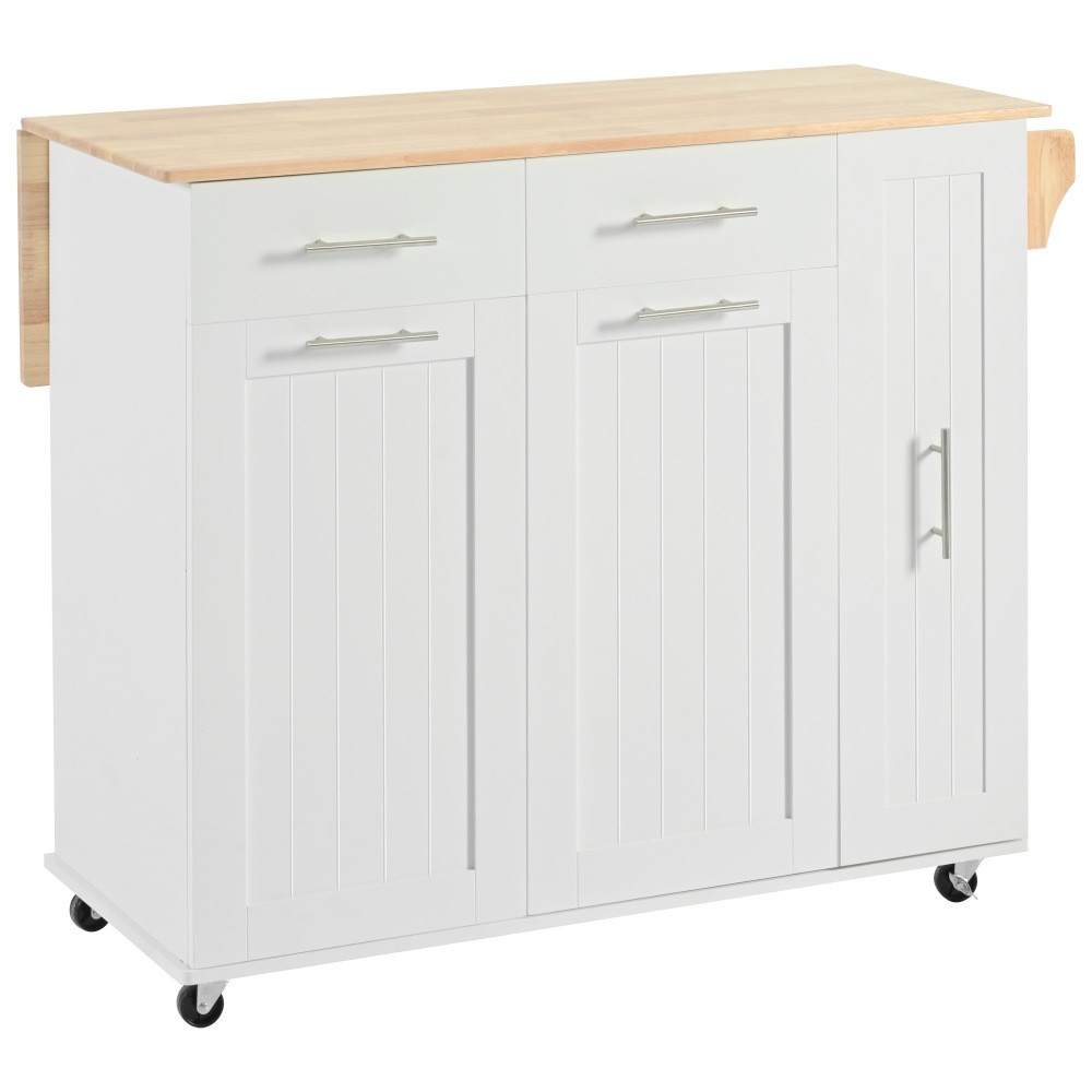 Kitchen Island with Drop Leaf with 3 Tier Pull Out Cabinet Organizer, White