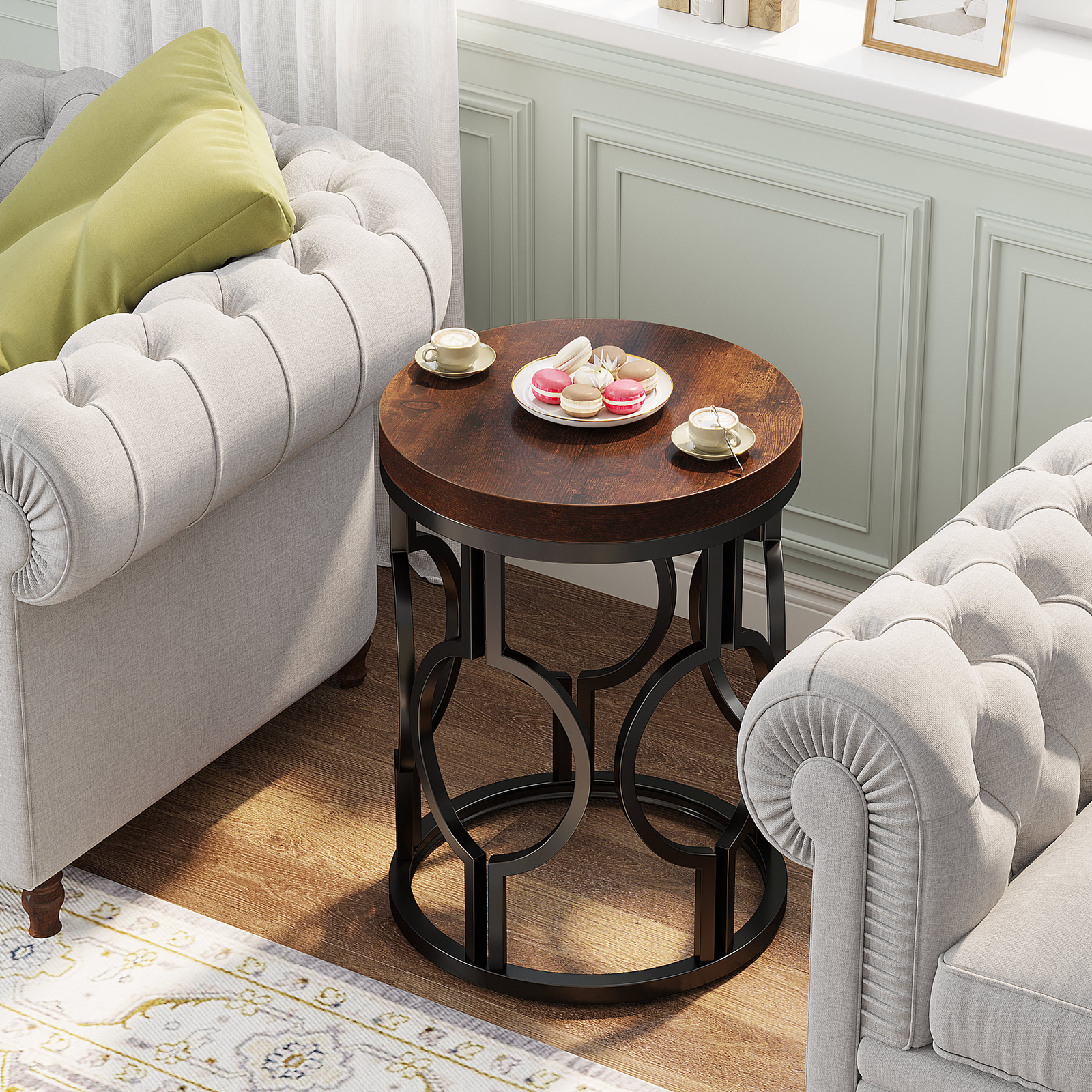 Rustic Wood Round End Table Sofa Side Table with Metal Base for Home Bedroom