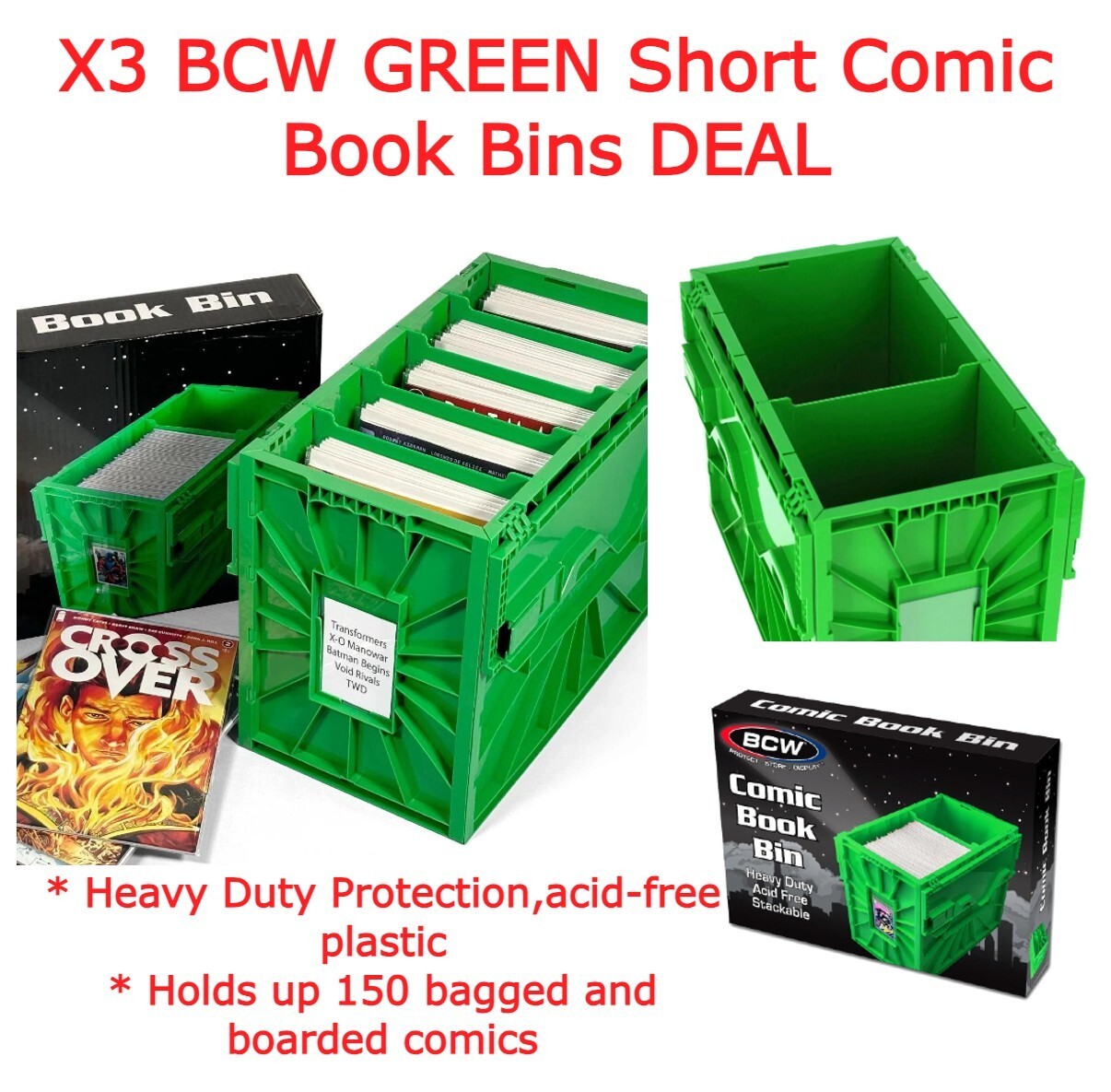 X3 GREEN BCW Short Comic Book Bin Heavy Duty Plastic Safe Storage w/ Partitions