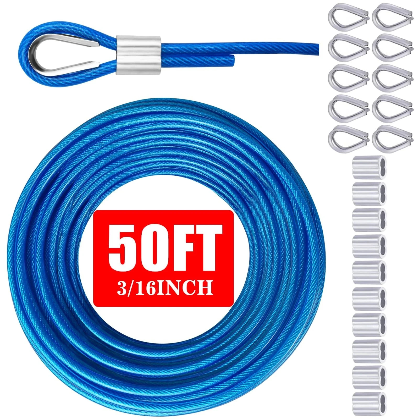 VIVBOO Stainless Steel Cable & Wire Rope 3/16" Vinyl Coated 50ft, Blue