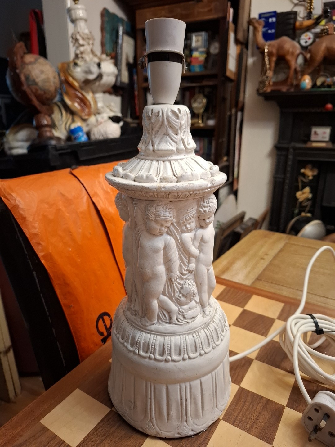 Vintage Italian Neo Classical Style Distressed Plaster Relief Cherubs Lamp 16"