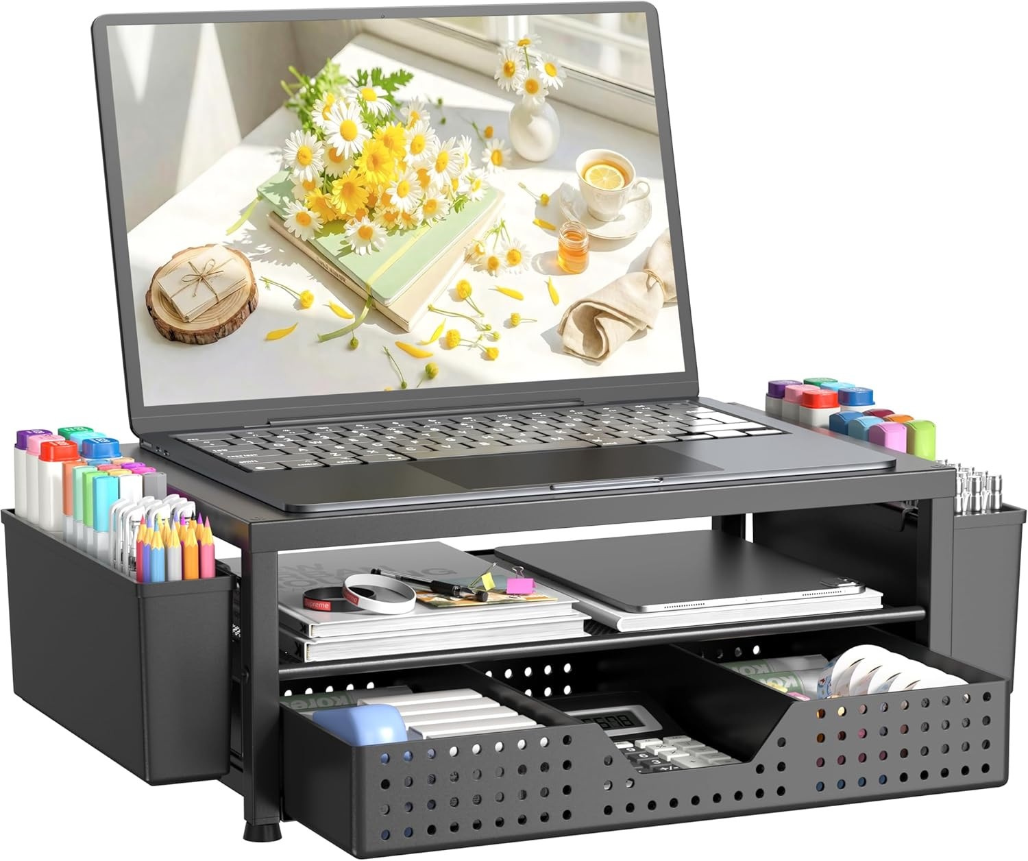 2-Tier Metal Monitor Stand with Drawer & Pen Holders, VentilatedSteelHomeOffice